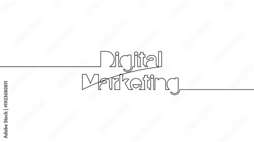 digital marketing text one line art animated continuous single line drawing of handwritten typography intro animation video, direct marketing title on black