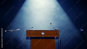 Debate or Speech Stage with Microphones Under a Spotlight. Business Presentation Podium, Political Election Platform, or Conference Speaker Tribune without people