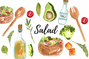 Watercolor food salad clipart, a Food Illustration by Writelovely