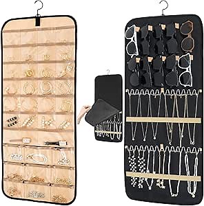 Hanging Jewelry Organizer for Closet - Necklace Earring Sunglasses Tie Holder Organizer with Dustproof Cover and Rotating Metal Hook - Jewelry Storage Display Stand 1 Piece, Large, Black