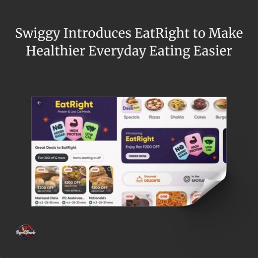 Beyond Brand | Marketing on Instagram: "Swiggy has launched EatRight, a new category on its app designed to simplify the discovery of healthier food options and integrate them into everyday ordering habits. Now live across more than 50 Indian cities, EatRight brings together the platform’s existing High Protein, Low Cal and No Added Sugar offerings under one clearly defined section. The category currently features over 1.8 million dishes from more than 200,000 restaurant partners, making it one