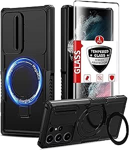 Pompvla for Magnetic Samsung Galaxy S22 Ultra Case Compatible with MagSafe Galaxy S22 Ultra Case with Screen Protector,with Magnetic Stand&Camera Cover Protection Shockproof Galaxy S22Ultra Case Black