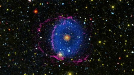 Intriguing: this animation shows the geometry of the Blue Ring Nebula, which is thought to be the product of two stars merging into oneCredit: NASA/JPL-Caltech/R. Hurt (IPAC)