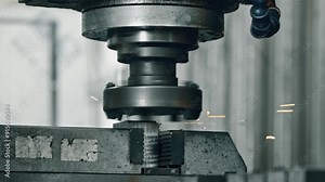 Intense footage of a metalworking machine drilling into metal, creating sparks. Captures the precision and power of industrial machining
