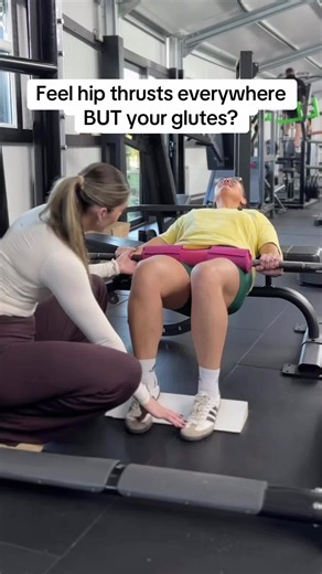 Stop adding more weight and start fixing your set up! I see women adding more and more weight to their hip thrusts every week, thinking that’s the reason they can’t feel their glutes working. That’s not always the answer. It all starts from the feet up. Position your feet no wider than hip width apart and slightly raise your heels. This helps shift the pressure towards your midfoot and the front of your foot rather than rocking back onto your heels. Allow your knees to drift inwards slightly. Th