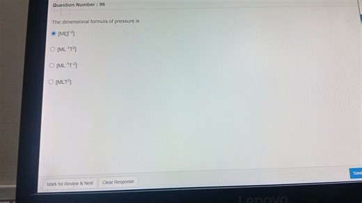 Question Number: 96  The dimensional formula of pressure is  [M... | Filo