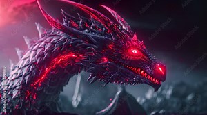 A close view of a dragon with intense red eyes, showcasing its powerful presence, A majestic dragon with glowing red scales and fierce horns Stock Video