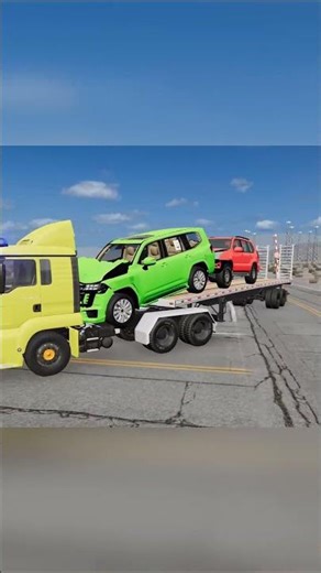 Four Trucks Transporting cars with Flatbed Trailers | Cars vs Speedbump vs Train vs Pothole #01