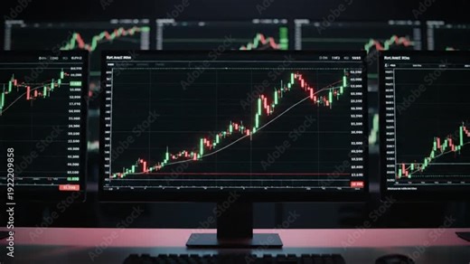 A panoramic view of a professional trading desk featuring a multi-monitor setup in a dark office environment. Each screen displays complex real-time candlestick charts, financial indicators, and data