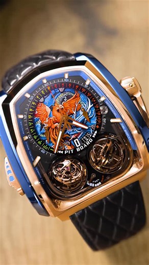 JACOB & CO. on Instagram: "Twin Turbo Furious — where supercar engineering meets mythological artistry. The sculptural blue titanium silhouette, accented with rose gold, curves like a racing machine in motion. Inside, a high-complication caliber composed of hundreds of components orchestrates twin flying regulators, a racetrack-inspired chronograph, and an extraordinary chiming mechanism that marks time with cathedral resonance. At the center, a hand-painted Dragon & Phoenix remind us: true powe