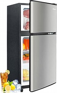 3.2 Cu.Ft Fridge with Freezer, 2 Door Refrigerator with 7 Level Thermostat, LED Light, Adjustable Removable Glass Shelves for Bedroom, Office, Dorm, Apartment, Silver
