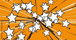animated star cartoon, many big white comic stars with black outlines, stripes and sparkles flying from centre outwards, perspective and explosive starburst, orange retro pop art design, 4k loop