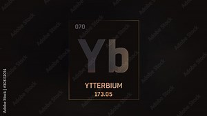 Ytterbium as Element 70 of the Periodic Table. Seamlessly looping 3D animation on grey illuminated atom design background with orbiting electrons. Design shows name, atomic weight and element number