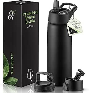 SipX™ Insulated Water Bottle with 3 Lids 25 oz (750 mL). Leakproof Stainless Steel, Triple Insulated – Cold 24 Hours/Hot 12 Hours – Durable Bottle for School, Gym, Travel – Black