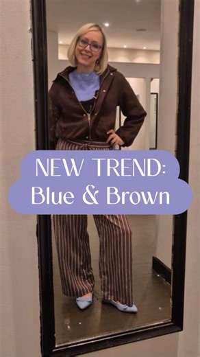 2026 trend? Have you noticed blue and brown everywhere? From the mannequins in H&M to the windows in River Island, mixing blue and brown is everywhere. It's an easy trend for many colour types, as the browns range from black brown to cacao, and the blues vary from light fresh sky blue, cornflower, to sapphire. #personalstylist #colouranalysis #colourandstyle #bluebrown #style | Katie's Colour & Style