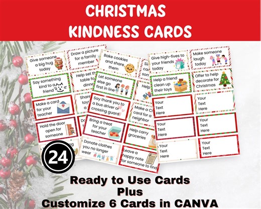 Christmas Kindness Cards, Editable Elf Kindness Cards, Lunchbox Notes, 24 Days of Kindness, Canva Template - Etsy