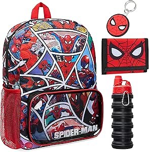 Marvel Spiderman Backpack Set 4 Pcs Water Bottle Pencil Case Lunch Bag or Wallet Key Ring School Supplies Gifts for Kids (Spiderman)