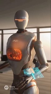 Ultra-realistic futuristic humanoid robot designed as an electric fan-heater unit operating inside a