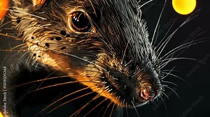 A close-up of a black and orange spiny mouse looking at the camera with a bright light source behind it