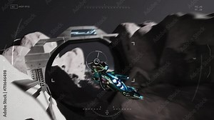 Spacecraft Flying In Tunnel On Snow Planet Mission In Sci-Fi Computer Video Game. Playing Alien World Mission In Sci-Fi Action Video Game. Tracking Mission Objective In Sci-Fi Video Game