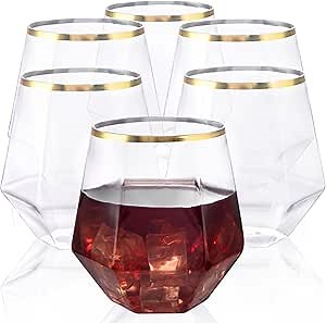 LUODA MirthMood 32 Pack Gold Plastic Stemless Wine Glasses, 12 Oz Disposable Diamond Shaped Wine Glasses, Clear Plastic Whiskey Glasses with Gold Rim for Spring Wedding,Birthday Party