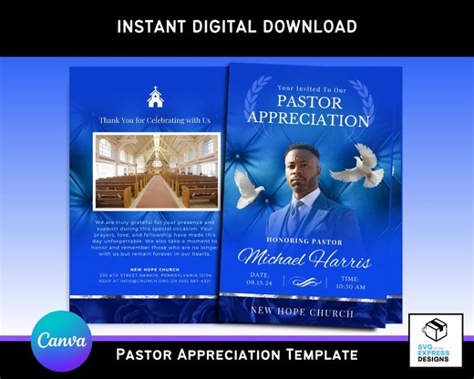 Editable Pastor Appreciation Program Template: Blue & Silver Church Design (canva, 8.5x11, Digital Download) - Etsy