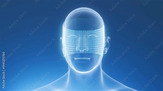 Digital man face scanning for biometric identification. Virtual head mesh scanning process for facial recognition technology and advanced security system analysis.