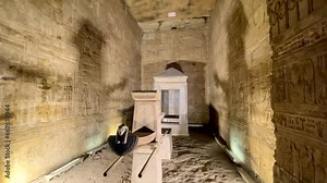 Naos Boat of Horus at te temple of Edfu in Egypt. Antique egyptian treasure. Archaeological find in the egyptian temple of Horus. Archeology. Antiquity. Egyptology, egyptologyst. Hieroglyphs on walls Stock Video