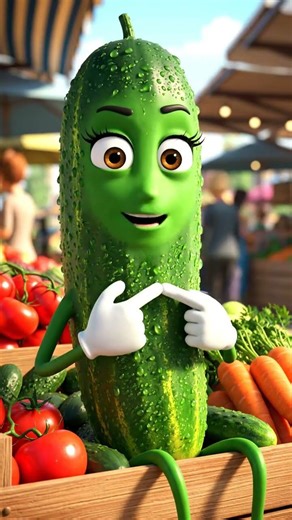 3D animated anthropomorphic khiyara (female cucumber) character in a vegetable market