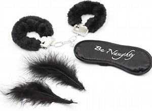 Banoch | Bondage Naughty Black | zwarte pluche handboeien, blinddoek en streel veren | bol