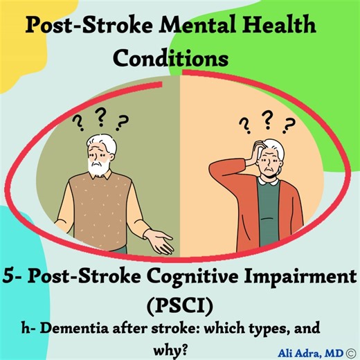 After a stroke, some people develop problems with memory and thinking. This can happen for several reasons: 1- Vascular dementia: Happens when strokes or blood vessel disease damage brain tissue. This may follow: one large stroke, several smaller or “silent” strokes, ongoing small-vessel disease that slowly injures brain tissue 2- Mixed dementia (vascular Alzheimer’s changes) Many older adults show both blood vessel damage and Alzheimer-type changes. Together, these raise the risk of dementia mo