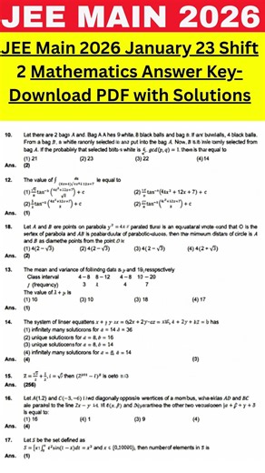 JEE Main 2026 January 23 Shift 2 Mathematics Answer Key-Download PDF with Solutions#jeemainanswerkey