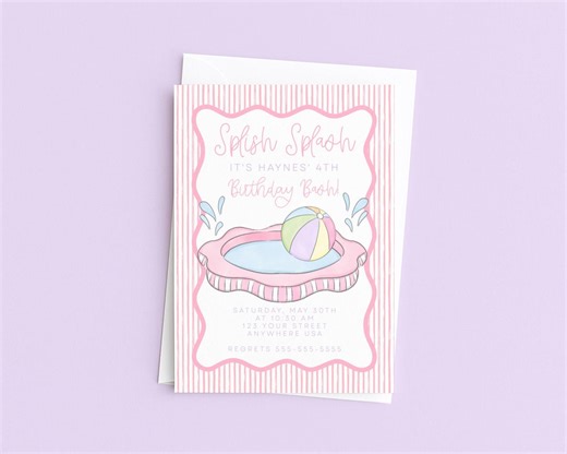 Watercolor Splish Splash Invite Printable Template Girl Splash Pad Party Editable Invite for Summertime Birthday - Etsy