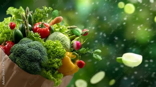 68Paper bag with vegan groceries exploding outward, fresh fruits and vegetables flying in different directions, bright green background, modern healthy food advertising layout with c