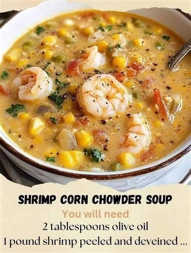 Shrimp Corn Chowder Soup Description: This creamy Shrimp Corn Chowder Soup is a comforting bowl of warmth made with fresh shrimp, sweet corn, and tender potatoes. Perfect for cozy nights or weekend family meals, this soup brings a hearty seafood flavor with a touch of sweetness. Ingredients: 1 lb (450g) shrimp, peeled and deveined 2 cups corn kernels (fresh or frozen) 1 medium onion, chopped 2 cloves garlic, minced 2 cups potatoes, diced 1 celery stalk, diced 1 carrot, diced 3 cups chicken broth