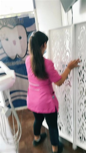 Adjusting a Decorative Folding Screen in a Bright Setting
