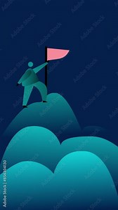 2D animated vertical video, people climbing a mountain peak and holding a flag, depicting achieving a goal, vision and mission.
