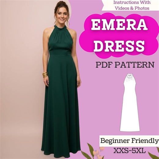 Halter Neck Maxi Dress Sewing Pattern: Women’s Gathered Neck A-line Evening Gown (PDF Download, XXS–5XL) - Etsy
