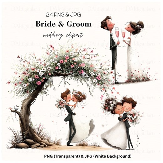 Romantic Bride Groom Wedding Clipart PNG & JPG, Couple Graphics, Floral Illustration (digital Download - 25 Files) - Etsy
