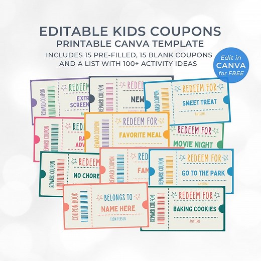 Printable Kids Coupons, Editable Coupon Book, Kids Reward Coupon, Kids Reward Template, Birthday Coupon, Editable Kids Coupons - Etsy