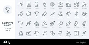 Computer games, gaming technology thin line icons set vector illustration. Outline digital race, fight and space simulator, shooter and RPG, strategy and education games for PC and mobile phone Stock Vector Image & Art - Alamy