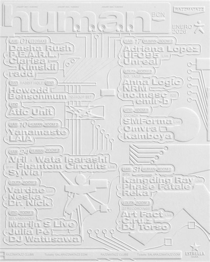 Human Club on Instagram: "An unwritten framework for 2026 — the opening movements at Human and Torax. Swipe for the full January program. 01.01 (NYD) 𝗧𝗢𝗥𝗔𝗫 @dasha_rush_official @pearl_fallingethics @clarisa_kimskii @radd.tca 𝗔𝗧𝗜𝗖 𝗨𝗡𝗜𝗧 @carolinaapellaniz b2b @joan._320 @jhort__ b2b @antronio14 @_servei_ b2b @_luisma.cg @verushkasirit 𝗕𝗔𝗥 | Rabbit Hole Howoodd Bensonmum 1