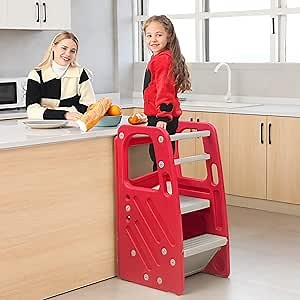 Toddler Tower Childrens Step Stool, Plastic Kitchen Helper Stool with Three Adjustable Heights for Kids and Toddlers (Red/Light Gray)