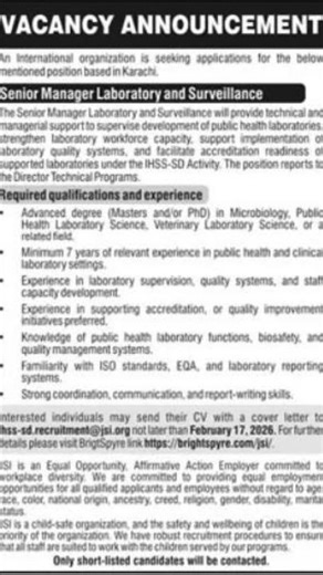 Senior Manager Laboratory & Surveillance Job Vacancy 2026 | JSI Karachi
