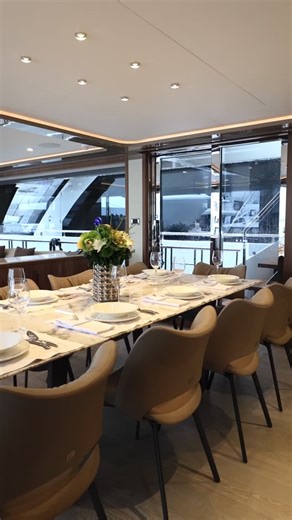 The dining area aboard the Ocean Alexander 30R is a space designed for connection and enjoyment. Bathed in natural light and framed by expansive windows, it offers the perfect setting for casual meals or elegant dinners. Thoughtful layouts and refined finishes create an inviting atmosphere, making every dining experience aboard the 30R a moment to savor. #oceanalexander #yachtdesign #yachtworld #luxury #luxurydesign | Ocean Alexander Yachts