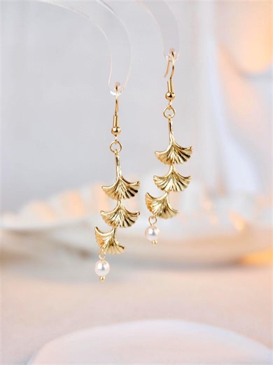 Gold Ginkgo Leaves Pearl Dangle Drop Earrings, Leaf Branch Earring, Fall Autumn Jewelry - Etsy