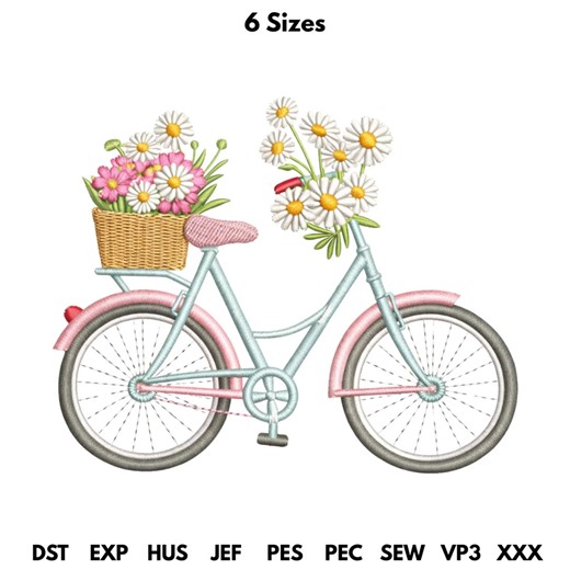 Floral Bike Embroidery Design, Daisy Flowers and Bicycle Machine Embroidery Files, 6 Sizes, Instant Download - Etsy Australia