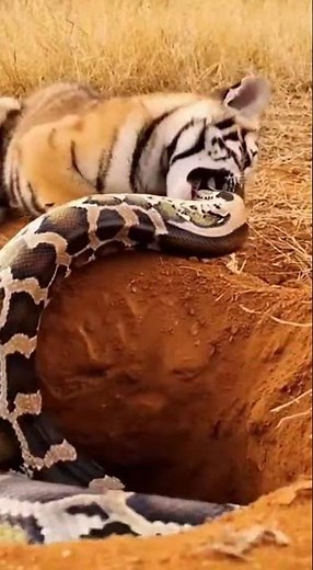 The tiger cub fights two pythons