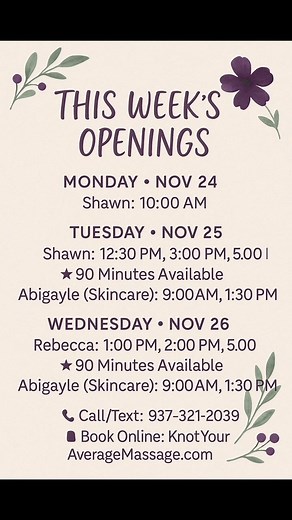 🍂 Thanksgiving is coming… and so is the stress. Before the chaos of cooking, cleaning, hosting, and traveling hits full force… take a moment just for you. 🧖‍♀️ Book a little pre-holiday relaxation and refill your cup before the big week. Your body (and your sanity!) will thank you. 💛 | Knot Your Average Massage