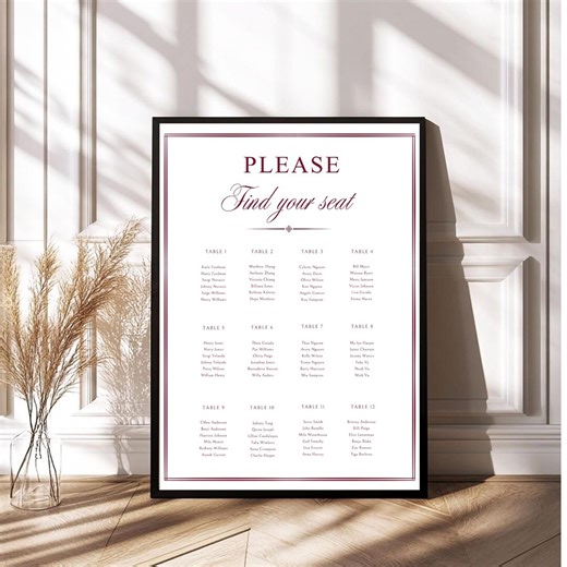 Burgundy Wedding Seating Chart, Old Money Elegant Table Wise Wedding Seating Chart, Printable Ceremony Sign, Elegant Reception Signage - Etsy